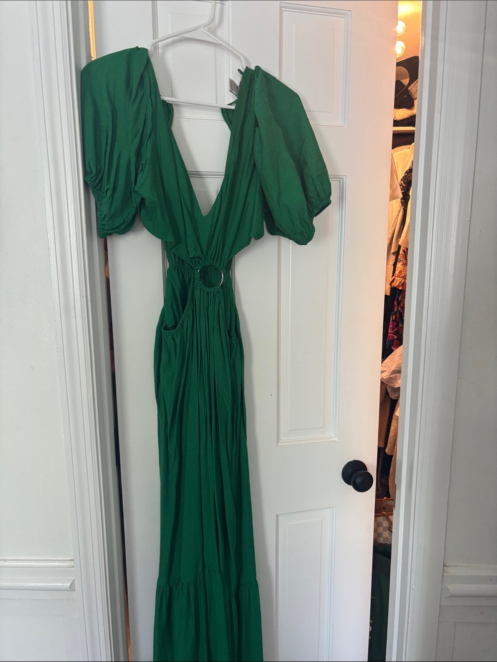 Emerald Green Maxi Dress with Puff Sleeves and Ring Detail